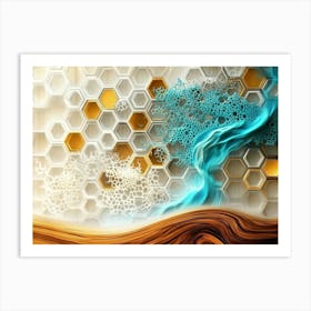 Abstract Golden Hexagons and White Lattice on Oak, Highlighted by An Abstract Turquoise Swirl Art Print