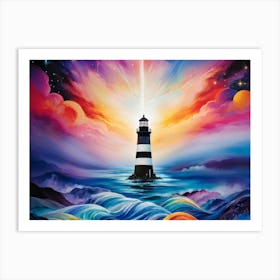 An Assembly Of Black Lighthouses Standing Tall Towards The Vast Cosmic Tapestry Venus Forming A Sil Art Print