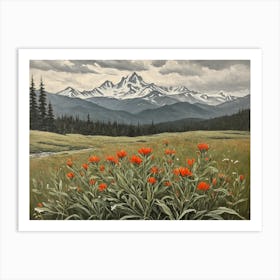 Vintage Oil Painting of indian Paintbrushes in a Meadow, Mountains in the Background 13 Art Print