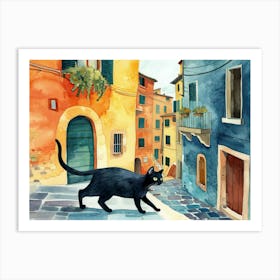 Black Cat In Perugia, Italy, Street Art Watercolour Painting 1 Art Print
