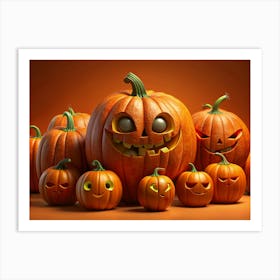 Group Of Carved Pumpkins With Different Faces For Halloween Art Print