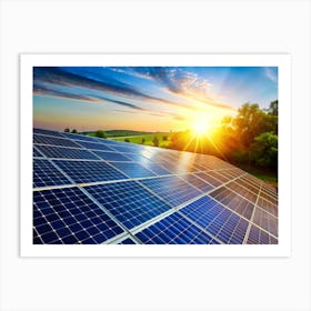 Solar Panels Arranged In Rows In A Field, With The Sun Setting Behind Them, Casting A Warm Glow On The Surrounding Landscape Art Print