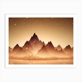 Silhouetted Mountains Rise Against A Golden, Starlit Sky, With Glowing Crystals In The Foreground And A Misty, Reflective Surface Art Print