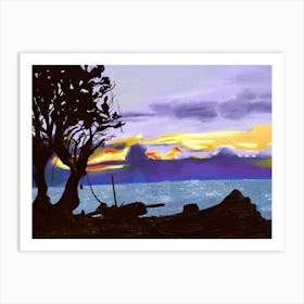 Evening at coast tree lake and beautiful sky oil painting Art Print