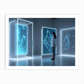 An Image Of A Woman In A White Blazer Standing In Front Of Three Large, Glowing Screens Art Print