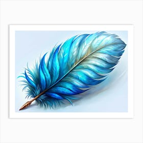 Single Blue Feather With Quill Tip On White Background Art Print