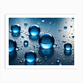 Multiple Blue Water Droplets Of Various Sizes Sit On A Dark Blue Surface With A Few More Droplets Falling Art Print