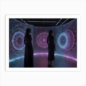 Two Women In Black Dresses Stand In A Darkened Room, Facing A Curved Wall Of Screens Displaying Intricate, Glowing Patterns Of Blue And Purple Light Art Print