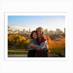 Best Friends Embracing In A Warm Hug Their Smiles Radiant Against The Backdrop Of A Bustling Urban Art Print