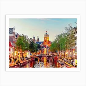 Basilica Of Saint Nicholas Illuminated At Dusk, Amsterdam, Netherlands Art Print