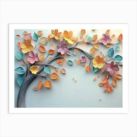 Elegant Colorful 3d Flowers With Leaves On A Tree Illustration Background 1 Art Print