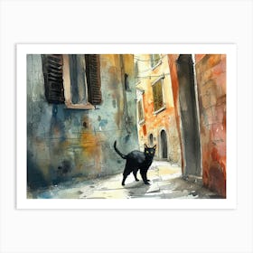Black Cat In Trieste, Italy, Street Art Watercolour Painting 2 Art Print
