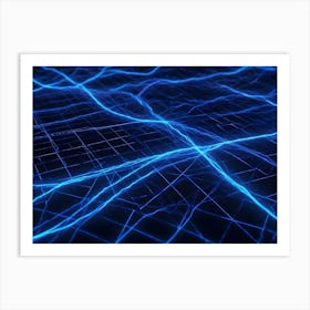 Abstract, Blue Glowing Lines Create A Network Like Structure On A Black Background, Forming An Otherworldly Or Technological Landscape Art Print