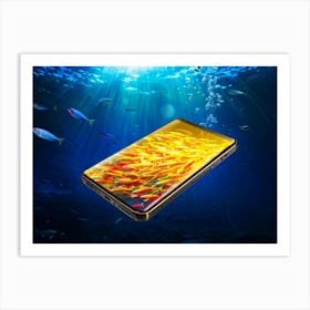 Sunburst Yellow Smartphone Evolving Into A Swirling School Of Tiny Neon Fish Transitioning Across S Art Print