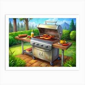 Gas Grill With Cooking Sausages And Chicken Art Print