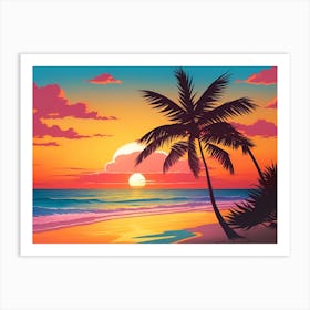 A Tranquil Beach At Sunset Horizontal Illustration 41 Art Print