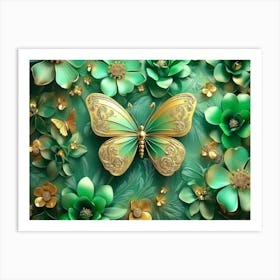 3d Art Abstract Floral Background With Green Flowers And Golden Butterfly 2 Art Print