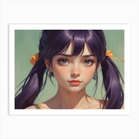 A Digital Painting Of A Young Woman With Long, Purple Hair Tied In Pigtails With Yellow Ribbons Art Print