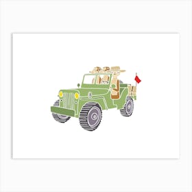 Meerkats In Landrover Defender Jeep, Fun Safari Animal Print, Landscape Art Print