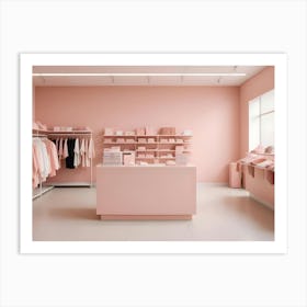 A Pink Colored Shop Interior With Clothing Racks, Shelves, And A Counter Art Print