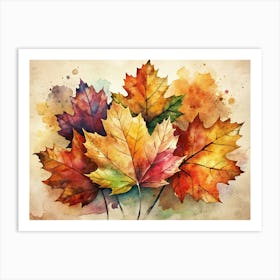 Watercolor Autumn Leaves On Beige Background Art Print