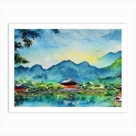 Tranquil Dawn At The Misty Pagoda  Art Print