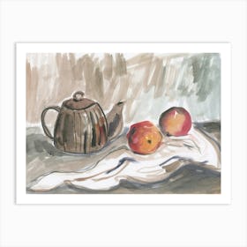 Still Life With A Tea Pot In Beige And Gray - kitchen cafe food watercolor hand painted Art Print