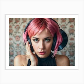 Pink Haired Woman Listening To Music Art Print