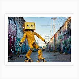 Frightened Robot Balancing On Roller Skates Head Resembling A Gold Aluminum Can Expressive Eyes Wi Art Print