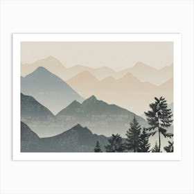 Navy Blue Green Mountain, Pine Trees Forest Art Print