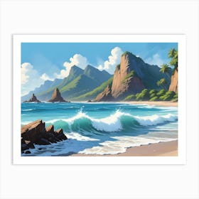 Tropical Beach Landscape With Lush Green Mountains And Waves 1 Art Print