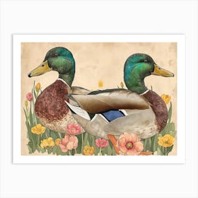 Floral Animal Illustration Mallard Duck 2 Art Print