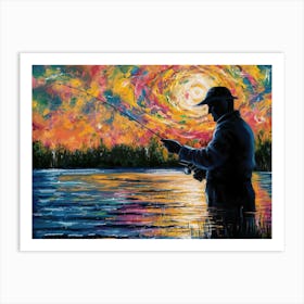 A man fishing at lakes silhouette - Acrylic oil painting  Art Print