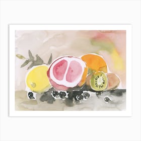 Watercolor Painting Of Fruits hand painted peach lemon grapefruit kiwi kitchen art horizontal food art Art Print