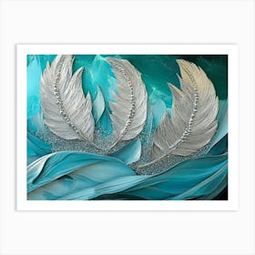 Vibrant 3d Abstract Featuring Deep Emerald Backdrop Glimmering Bronze Feathers Art Print