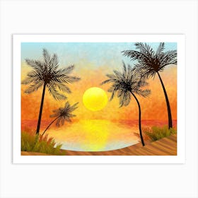 Landscape Illustration Sun Sky Beach Sea Summer Palm Trees Trees Silhouettes Sand Sunset Art Print