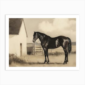 Black Horse In Front Of House Art Print