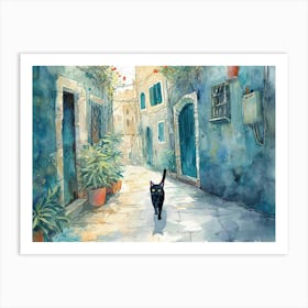 Haifa, Israel   Cat In Street Art Watercolour Painting 4 Art Print