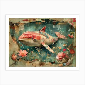 White whale In Flowers. Vintage style illustration. Wall art 01 Art Print