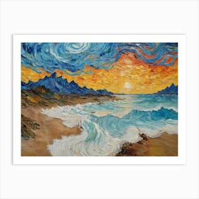 Beach Sea And Waves At Sunset Art Print