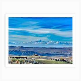 Monviso and Langhe. A breathtaking view of snow-capped Alpine peaks dominating the horizon, with a vibrant rural landscape in the foreground. Rolling fields, vineyards, and charming villages with historic churches create a serene and picturesque scene. The vivid blue sky adds to the tranquility and grandeur of the setting 1 Art Print