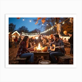 Autumn Festival Illuminated By String Lights Rustic Decorations Such As Dried Corn Husks Pumpkin A Art Print