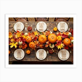 Autumn Themed Table Decoration Scattered Maple Leaves In Warm Shades Intermixed With Small Pumpkin (6) Art Print