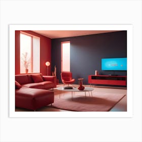 A Modern Living Room Interior With A Red Sofa, A Coffee Table, And A Large Tv Screen Displaying A Streaming Service Logo Art Print