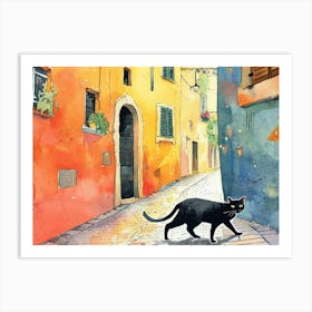 Black Cat In Rome, Italy, Street Art Watercolour Painting 3 Art Print