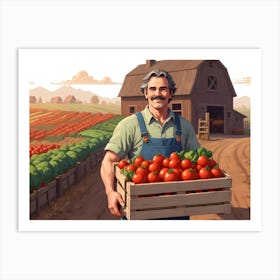 Smiling Farmer Holding A Crate Of Fresh Produce In A Field Art Print