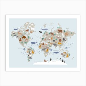 Kids World Map With Animals In Blue Art Print