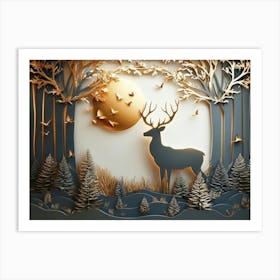 3d Modern Stereo Stag Deer Animal With Forest 2 Art Print