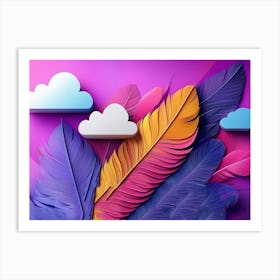 Vibrant 3d Geometric Purple Feathers and Tranquil Clouds Art Print