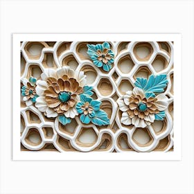 Oak Artwork Adorned With White Lattice, Turquoise Accents, And Floral Hexagonal Painting Art Print